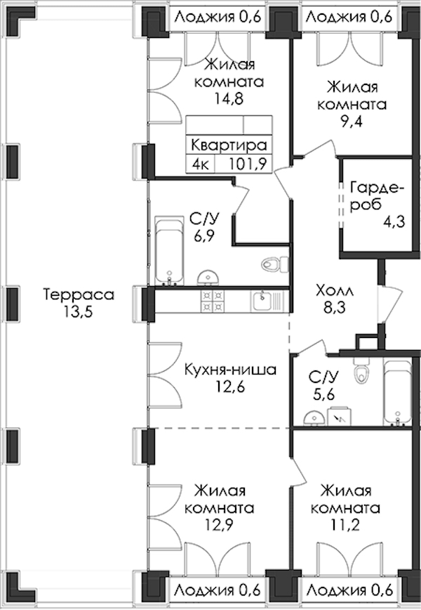 3-комнатная квартира 101.9 м², 9/9 эт., ЖК «Лермонтовский 54»